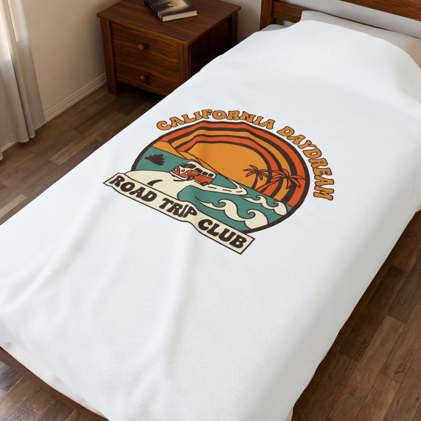 California Daydream Road Trip Club Velveteen Blanket | 70s Sunset Retro Palm
