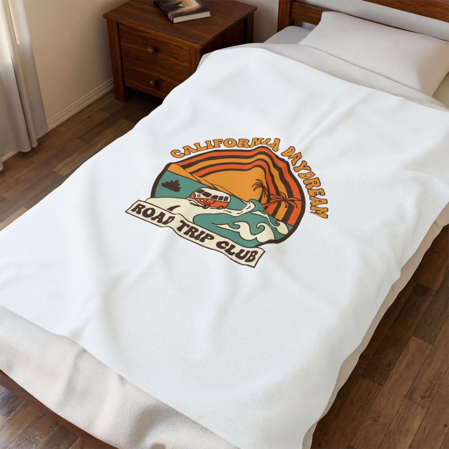 California Daydream Road Trip Club Velveteen Blanket | 70s Sunset Retro Palm